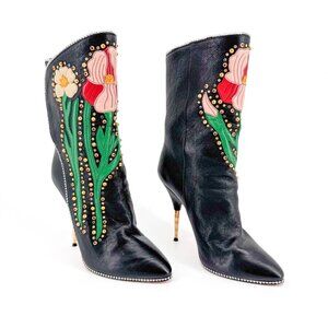 Gucci Black Floral Embroidered Heeled Boots